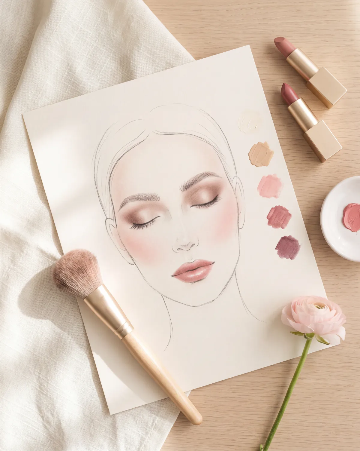 Carta facial de maquillaje: un rostro dibujado a lápiz con sombras, rubor y labios ya planeados, junto a muestras de base, rubor y labial, una brocha y un ranúnculo rosa.
